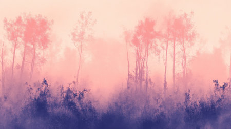 The silhouette of a tranquil forest creates a calming atmosphere, blending muted hues of pink and purple during twilight. It evokes a sense of peace and mystery in nature.の素材