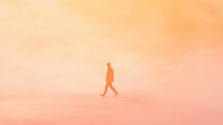 A solitary figure walks in an abstract misty environment during dusk, surrounded by soft, warm orange hues that create a dreamy atmosphere. The scene reflects calmness and solitude.の素材