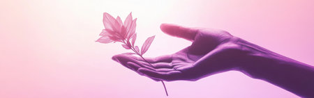 A hand in silhouette gently holds a delicate flower, showcasing a graceful interaction between nature and human touch in a soothing pastel atmosphere.の素材