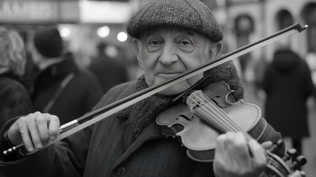 An elderly man in a wool hat skillfully plays the violin on a busy city street, drawing the attention of pedestrians. The atmosphere is vibrant with the sounds of urban life.の素材