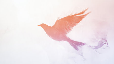 A delicate abstract silhouette of a bird appears in soft pastel hues, gracefully soaring through a tranquil setting characterized by a gentle dusk glow.の素材