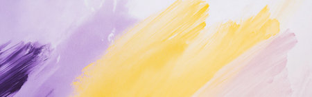 A minimalist approach showcases a simple pencil beside vibrant brush strokes of purple and yellow on a textured canvas, highlighting the beauty of artistic expression during a peaceful moment.の素材