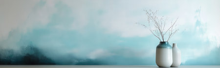 Soft hues of pale blue and teal create a calming atmosphere in this stylish interior. Two elegant vases hold delicate branches, enhancing the serene design.の素材