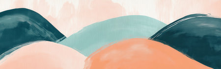 Soft arcs in pastel coral and teal blend harmoniously, creating a serene abstract landscape. The gentle hues evoke feelings of tranquility and invite creativity, perfect for any relaxing environment.の素材