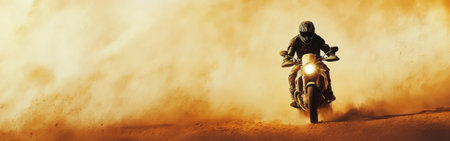 A motorcyclist speeds across a rugged sandy landscape, creating a dramatic cloud of dust. The warm colors of sunset enhance the energy of this thrilling ride.の素材