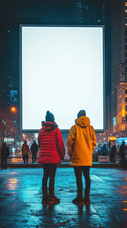 In a vibrant winter city at night, two individuals stand in front of a blank screen, sharing a moment surrounded by colorful lights and the buzz of urban life.の素材