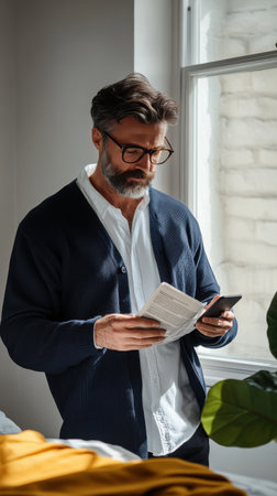 A man with glasses stands by a bright window, reading some documents while holding his phone. The room features a minimalist aesthetic with soft light and green plants.の素材