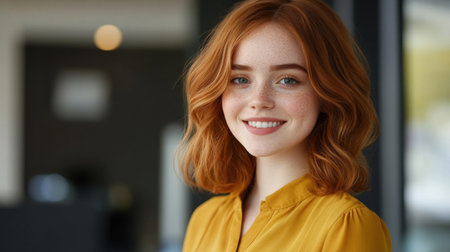 In a well-lit, stylish environment, a young woman with wavy red hair smiles confidently. Her bright yellow blouse contrasts beautifully with the neutral background, showcasing her cheerful demeanor.の素材