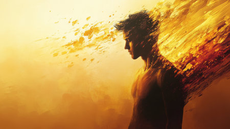 A man stands in a vibrant, abstract environment, emanating a radiant glow that symbolizes energy and transformation. The backdrop features warm colors, creating a dynamic atmosphere.の素材