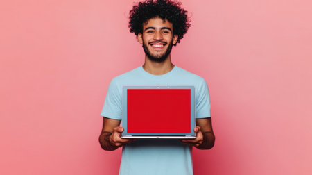 A young man with curly black hair joyfully displays a laptop against a vibrant pink wall. He exudes confidence and excitement, ready to share something special.の素材