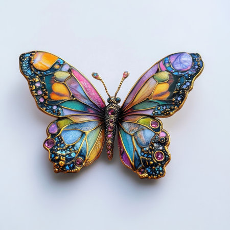 This butterfly brooch features a stunning array of vibrant colors and intricate designs, highlighting exceptional craftsmanship. Its detailed features bring a touch of artistry to any attire.の素材