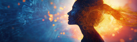 A woman stands in profile, emanating a soft glow surrounded by vibrant colors and swirling patterns at twilight. The atmosphere captures a blend of calm and energy.の素材
