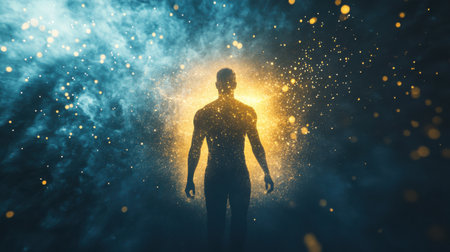 A man stands in a dark environment, illuminated by a warm glow that emerges from his body. Surrounding him are swirling particles and a vibrant mist, creating an ethereal atmosphere.の素材