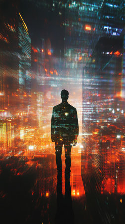 A man stands in a surreal environment filled with glowing lights and vivid colors, blending with a futuristic city at night. The atmosphere is vibrant and dreamlike.の素材