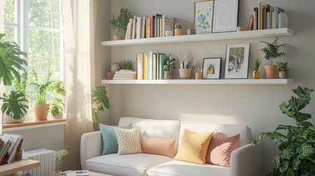 Sunlight streams into a cozy living room adorned with white floating shelves. The space showcases an inviting sofa with colorful cushions, surrounded by potted plants and books.の素材