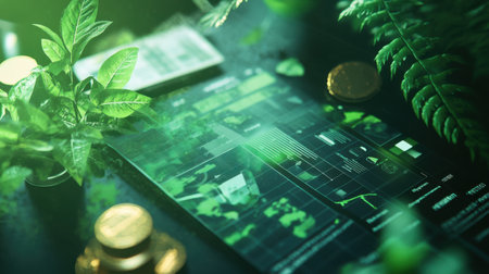 Focus on a professional layout featuring sustainable design concepts, surrounded by greenery and reflective materials. Digital elements interact with natural textures, emphasizing eco-friendliness.の素材