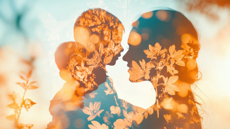 A joyful family moment is expressed through a creative double exposure, showcasing a mother and child embracing, surrounded by blooming flowers and a vibrant sky.の素材