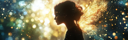 A woman stands in profile, surrounded by a sparkling atmosphere. Her silhouette is accentuated by glowing wings, creating a mystical aura in a tranquil forest during twilight.の素材