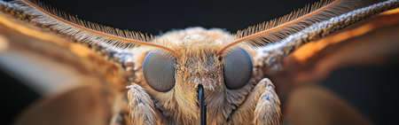 Close-up of a moth's face reveals its detailed eyes and unique textures. The photograph showcases the creature's fascinating anatomy in rich colors against a dark backdrop.の素材