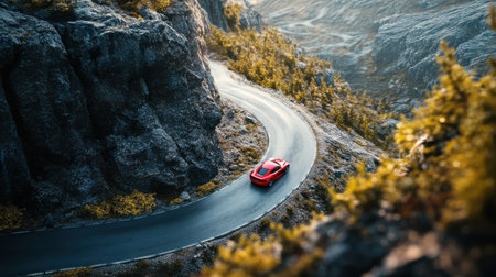 Brightly colored sports cars race along a winding mountain road, surrounded by vibrant greenery and rocky cliffs. The atmosphere is energetic, showcasing speed and adventure against a scenic backdrop.の素材