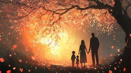 A family of four holds hands while standing beneath a glowing autumn tree. Colorful leaves fall softly around them, creating a warm and enchanting atmosphere at sunset.の素材