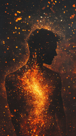 A man stands serene, illuminated by ethereal light and surrounded by vibrant particles. The atmosphere suggests a cosmic connection, creating a mesmerizing visual effect.の素材