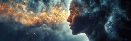 A mystical representation shows a man's profile intertwined with vibrant clouds and flames, creating an ethereal atmosphere reminiscent of a cosmic journey and spiritual awakening.の素材