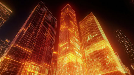 A captivating view of towering skyscrapers radiating a warm glow against the night sky. The structures showcase intricate designs, creating a stunning visual effect in a bustling city.の素材