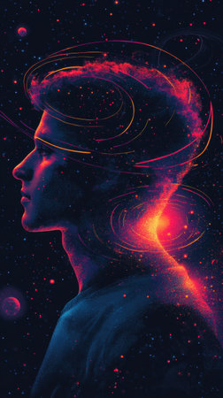 The profile of a man is filled with swirling cosmic colors and patterns, creating a mystical atmosphere. This artwork invites viewers to ponder the connection between humanity and the universe.の素材