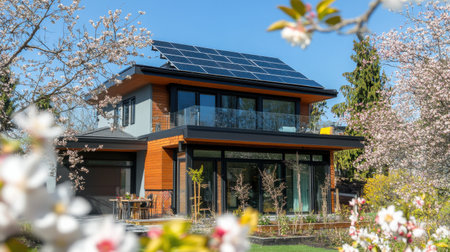 This modern suburban house is enhanced by solar panels on the rooftop and surrounded by a blooming garden, showcasing beautiful flowers in vibrant colors on a clear sunny day.の素材