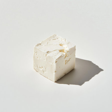 A cube of feta cheese with a crumbly texture sits alone on a smooth, light surface, showcasing its rich white color and appealing shape under soft lighting.の素材