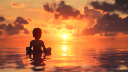 A child sits quietly in the still water, mesmerized by the vibrant sunset. The glowing horizon paints the sky with rich colors while clouds drift softly overhead.の素材