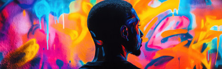 A man stands with his back to the viewer, illuminated by bright colors from a vibrant mural. This dynamic setting captures a moment of artistic expression in an urban environment.の素材