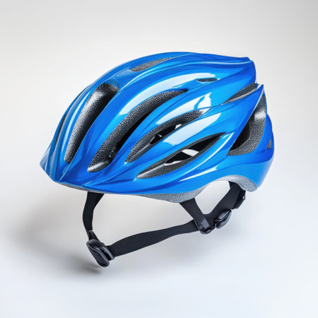 This vibrant blue bicycle helmet features a sleek, glossy finish and is designed for safety while cycling. Ideal for outdoor rides, it ensures protection during various activities.の素材