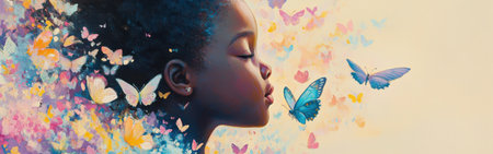 A young child gazes dreamily to the side, her profile illuminated by soft light. Colorful butterflies surround her, creating a magical and vibrant atmosphere filled with joy and wonder.の素材