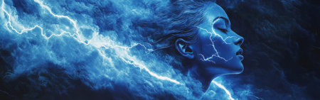 A breathtaking portrait features a woman's face intertwined with bright blue lightning, creating a striking contrast against a dark background. The twilight atmosphere enhances the surreal effect.の素材