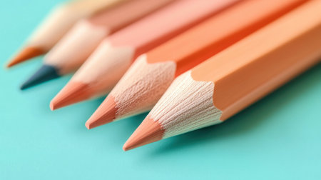 Five colored pencils are arranged in a gradient on a turquoise background, emphasizing minimalist design and artistic expression. These tools highlight subtle variations in color shades.の素材