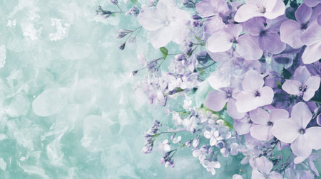 Delicate lavender and mint green flowers blend harmoniously against a dreamy bokeh backdrop, creating a serene and tranquil atmosphere perfect for relaxation and inspiration.の素材