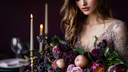 A young woman adorned with a shimmering dress embraces a vibrant bouquet featuring plums, roses, and candles in a rich, elegant setting perfect for an upscale gathering.の素材