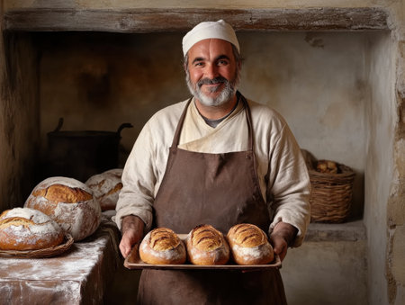 A skilled baker stands in a charming bakery, holding a tray of golden-brown loaves fresh from the oven. The warm atmosphere showcases the art of traditional baking.の素材