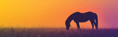 Silhouette of a graceful horse quietly grazing in a lush field at sunset. The warm colors of dusk create a serene atmosphere, enhancing the beauty of nature.の素材