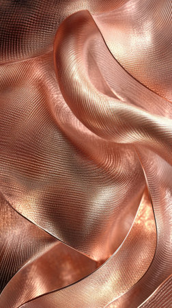 Smooth metallic wave forms ripple in shades of rose gold champagne, creating a captivating texture that plays with light and shadow. The arrangement evokes elegance and sophistication.の素材