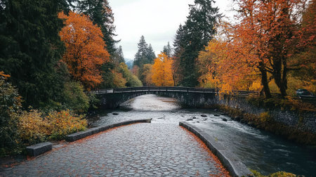A charming cobblestone bridge crosses a tranquil river, framed by colorful autumn foliage. The scene captures the peaceful beauty of nature in a picturesque landscape.の素材