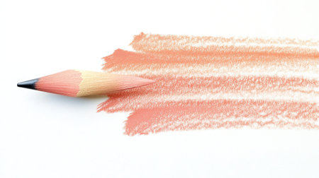 A pencil rests on a clean surface, leaving behind smooth strokes of soft peach color. The delicate brush strokes add an ethereal effect, showing the beauty of art in process.の素材
