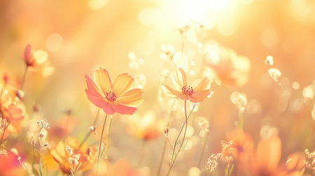 Delicate flowers in soft pastel hues bloom abundantly as sunlight filters through, creating a magical atmosphere in a serene garden during summer.の素材