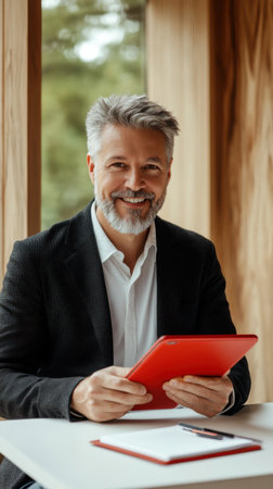 A man sits at a sleek table, holding a red tablet with a confident smile. His modern workspace features warm wooden walls and a soft natural light, creating an inviting atmosphere.の素材