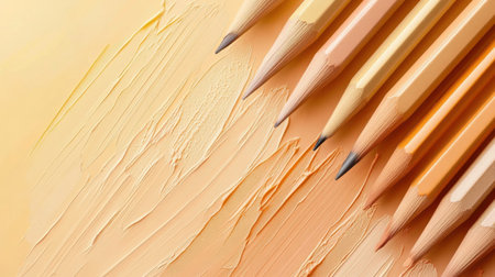 Colorful pencils rest on a soft gradient background, showcasing an array of warm shades. The subtle textures invite artists to unleash their creativity in a serene setting.の素材
