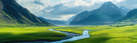 Majestic mountains frame a serene valley where a winding river flows through lush green fields. Soft light filters through clouds, creating a tranquil midday atmosphere.の素材