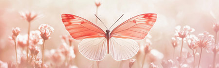 A delicate silhouette of a butterfly with pastel coral wings hovers gracefully above soft blossoms, creating a serene and enchanting atmosphere in the gentle light of dawn.の素材