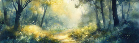 A tranquil forest path is washed in gentle sunlight filtering through lush green foliage. Blossoms and soft grass adorn the trail, inviting exploration.の素材